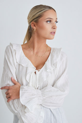 Objective White Self Stripe Ruffle Front Ls Top WW Top Ivy + Jack   