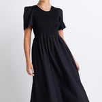 Wren Black Poplin SS Shirred Bodice Midi Dress