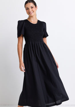 Wren Black Poplin SS Shirred Bodice Midi Dress