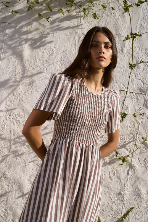 Shop Wren Chocolate Stripe Cotton SS Shirred Bodice Midi Dress | Flo & Shop Wren Chocolate Stripe Cotton SS Shirred Bodice Midi Dress | Flo &