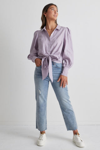 Victory Lilac Linen Tie Front Long Sleeve Shirt