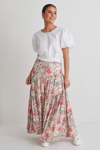 Playful Vintage Natural Floral Tiered Maxi Skirt