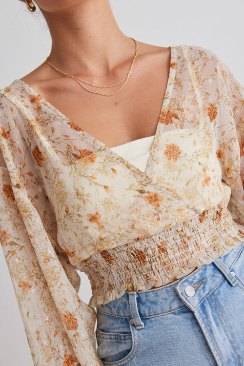 Nightfall Cream Floral Ls Sheer Cropped Top WW Top Ivy + Jack   