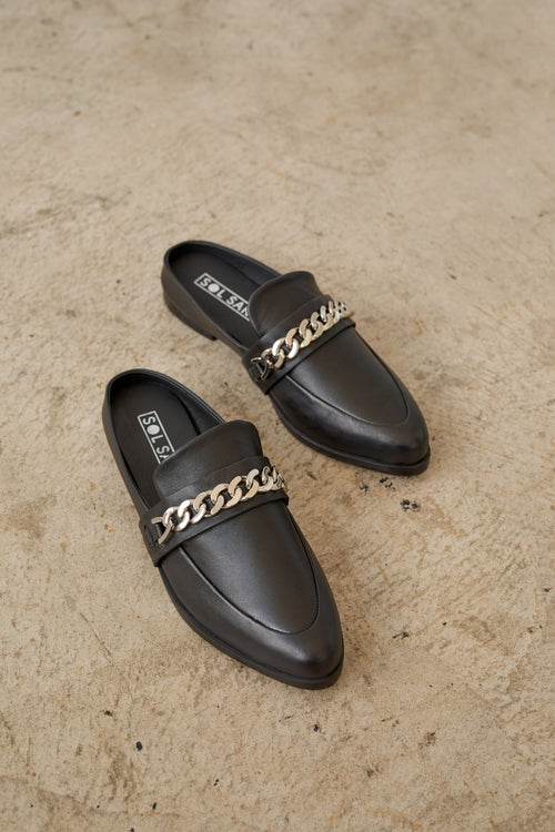 Tuesday Silver Chain Black Leather Slide ACC Shoes - Loafers Solsana   
