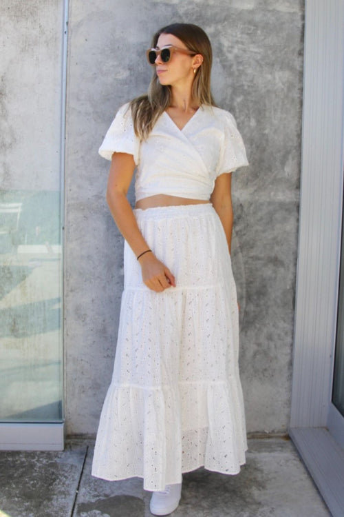 California White Embroidery Anglaise Shirred Waist Tiered Maxi Skirt WW Skirt Seeking Lola   