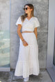 California White Embroidery Anglaise Shirred Waist Tiered Maxi Skirt