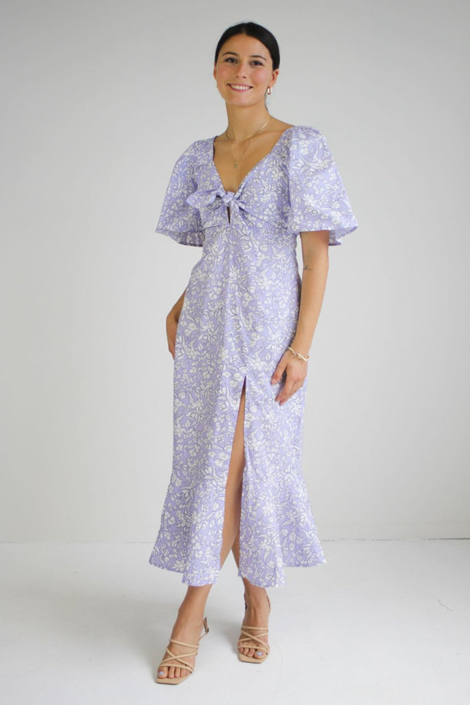 Shop Innocent Cornflower Blue Baroque Floral Tie Front SS Maxi Dress O