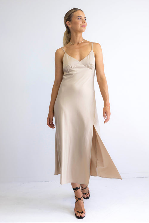 Juliet Midi Dress - V Neck Lace Insert Satin Slip Dress in Chocolate
