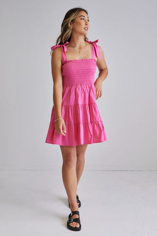 Arabella Hot Pink Poplin Shirred Tie Strap Mini Dress