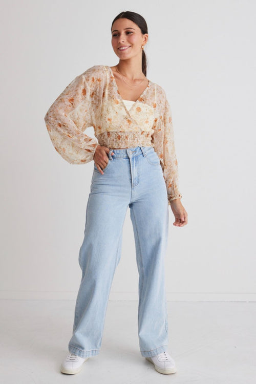 Nightfall Cream Floral Ls Sheer Cropped Top WW Top Ivy + Jack   
