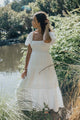 Captivate White Square Neck Bubble Slv Pleat Tiered Midi Dress
