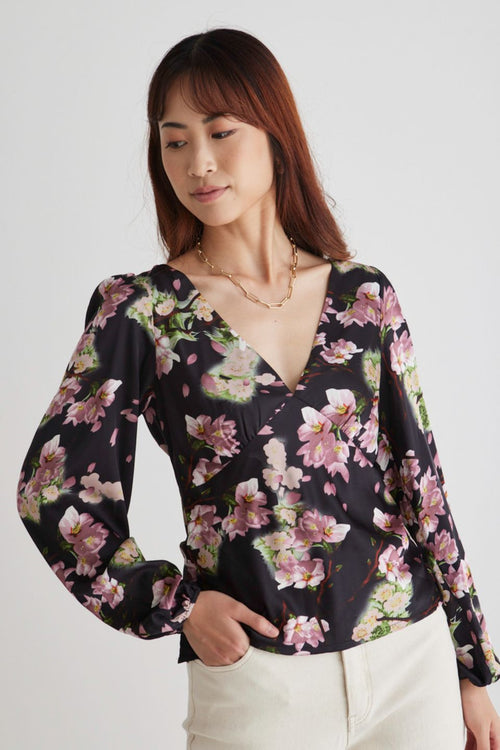 Bailey Black Floral Satin Bias Balloon Sleeve Top WW Top Among the Brave   