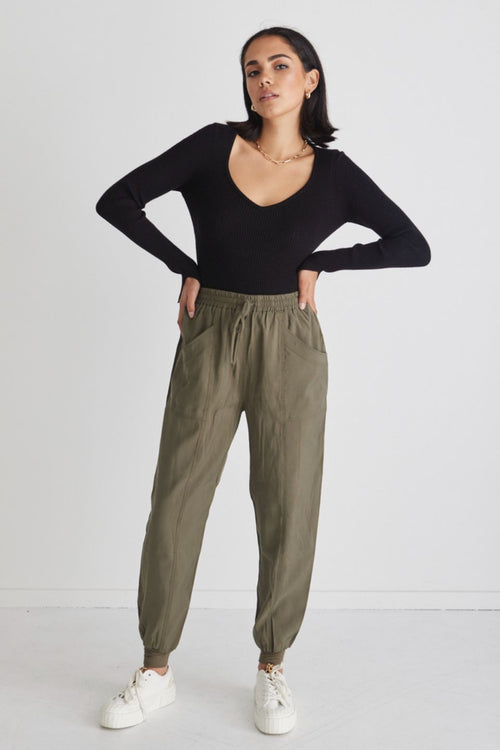 New Warrior Khaki Relaxed Drapey Drawstring Stretch Cuff Pant WW Pants Among the Brave   