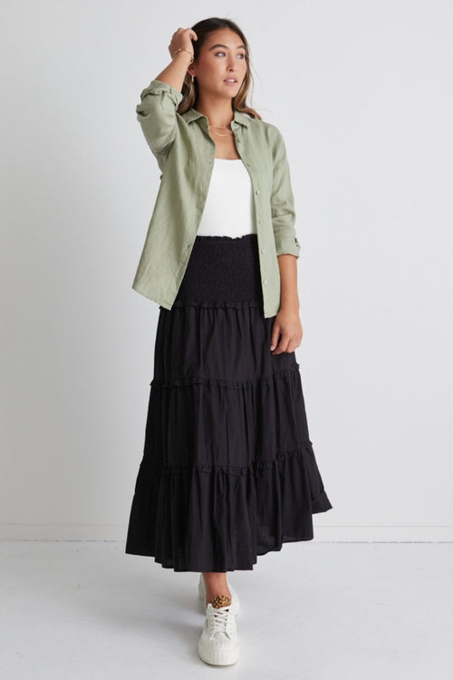 Soaring High Black Cotton Shirred Waist Tiered Maxi Skirt WW Skirt Among the Brave   