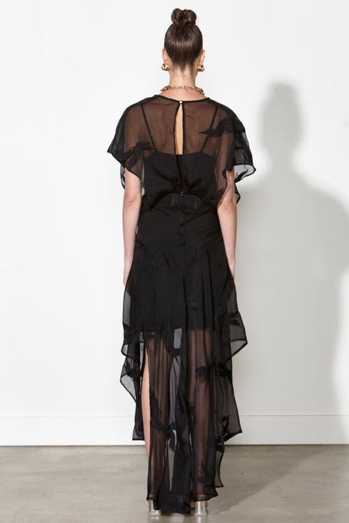 Moonage Daydream Sheer Black Embroidered SS Midi Dress with High Splits WW Dress Fate+Becker   