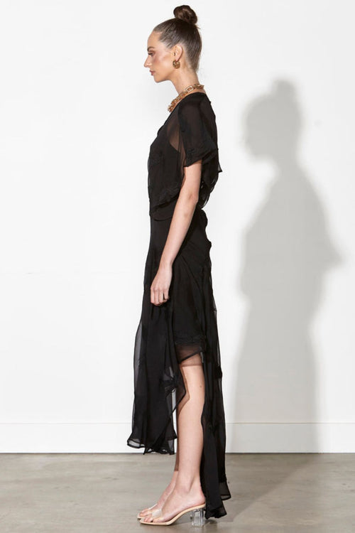 Moonage Daydream Sheer Black Embroidered SS Midi Dress with High Splits WW Dress Fate+Becker   