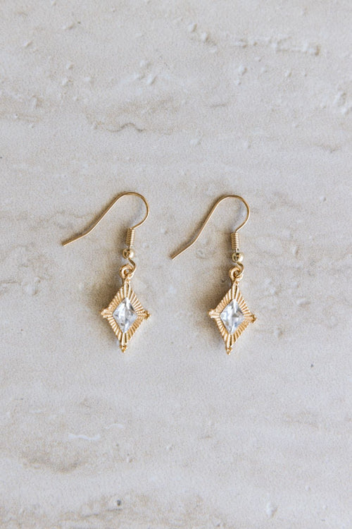 Clear Gem Diamond Shape Gold Earrings ACC Jewellery Flo Gives Back 15% to Women In Need   