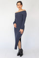 Sophie Navy Marle Off Shoulder Rib Knit Midi Dress