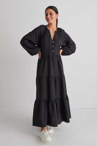 Aida Charcoal Gingham LS Button Front Tiered Maxi Dress