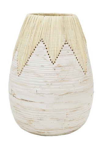 Carina Bamboo and Rattan Vessel White Wash 35cmh HW Planters, Foliage, Artificial Flowers Robert Mark   