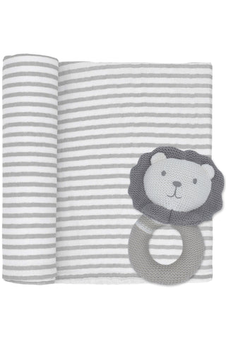 Austin the Lion Rattle + Charcoal Stripe Muslin Swaddle Grey HW Kids Living Textiles   