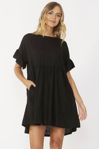 Daphne Black Linen SS Ruffle Sleeve Single Tiered Mini Dress WW Dress Sass   