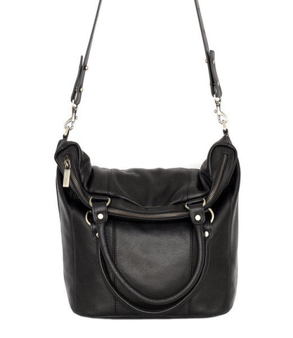 Some Secret Place Twin Fold Over Handles Black Leather Bag