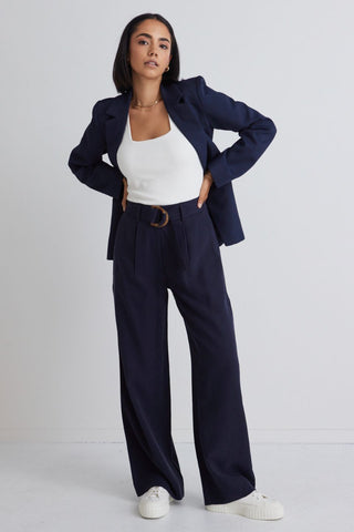 Fearless Navy Pleat Front High Waist Belted Wide Leg Pant
