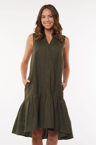 Yara SL Dark Olive Tiered Linen Blend Midi Dress WW Dress Foxwood   