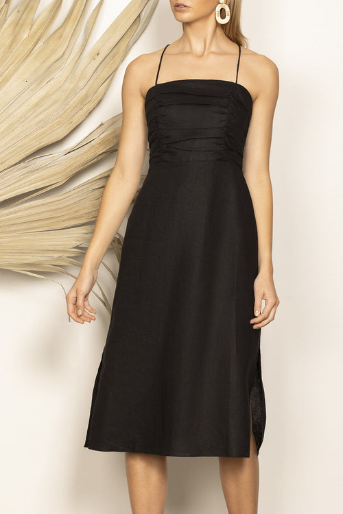 Empire Linen Strappy Midi Black Dress WW Dress Wish   