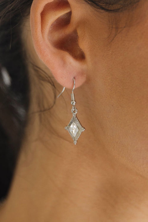 Clear Gem Diamond Shape Rhodium Earrings ACC Jewellery Flo Gives Back 15% to Women In Need   