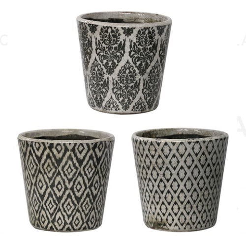 Black and White Vintage Patterned Planter HW Planters, Foliage, Artificial Flowers CC Interiors   