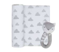 Charley the Fox Rattle & Charcoal Cloud Muslin Swaddle Grey HW Kids Living Textiles   