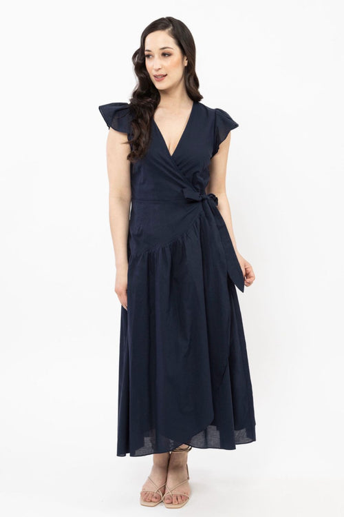 Shop Romantic Navy Poplin Flutter Sleeve Maxi Wrap Dress Online