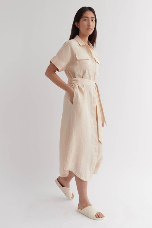 Kara Wheat Linen SS Shirt Dress WW Dress Assembly Label   