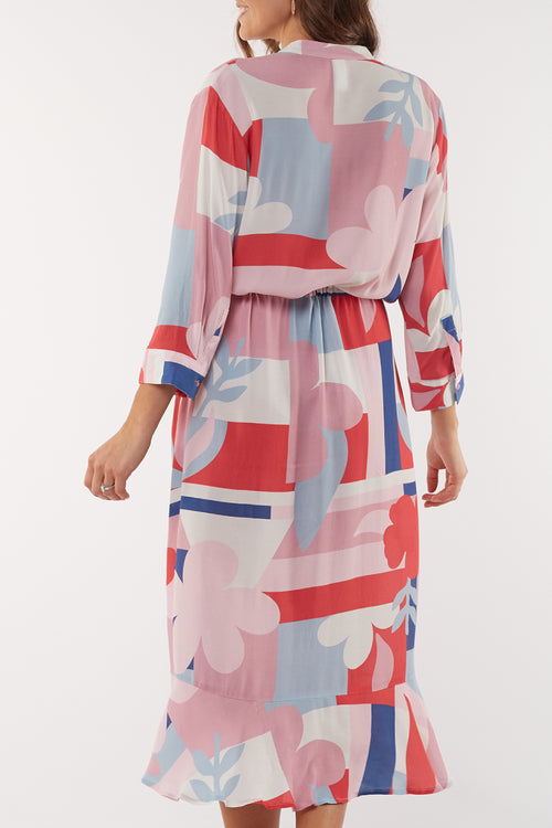 Infinity Pink Abstract Print Pleated Midi Dress WW Dress Elm   