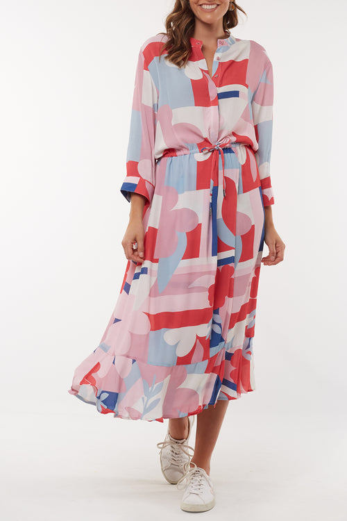 Infinity Pink Abstract Print Pleated Midi Dress WW Dress Elm   