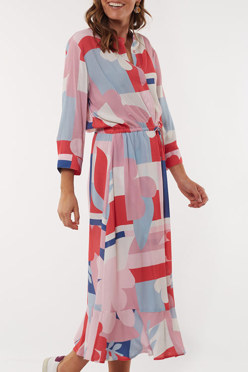 Infinity Pink Abstract Print Pleated Midi Dress WW Dress Elm   