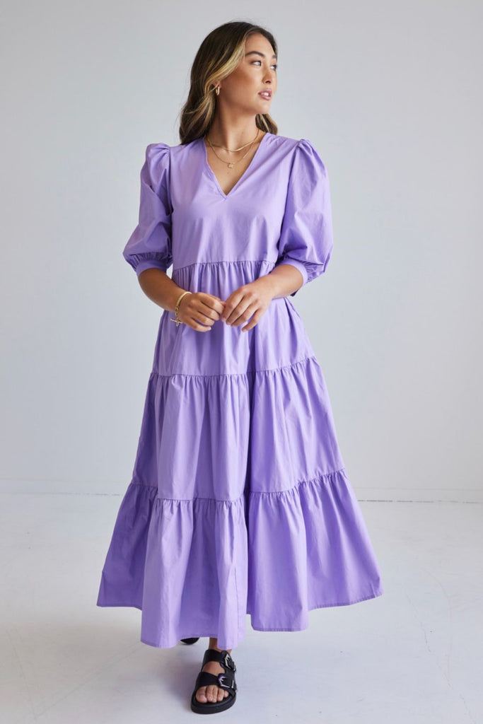 Shop Clarity Lilac Puff Sleeve Tiered Maxi Dress Online | Flo & Fr
