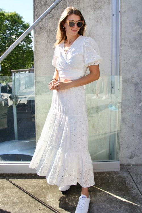 California White Embroidery Anglaise Shirred Waist Tiered Maxi Skirt WW Skirt Seeking Lola   