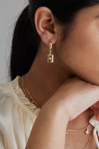 Rectangle Hanging Pendant Gold Hoop Earrings