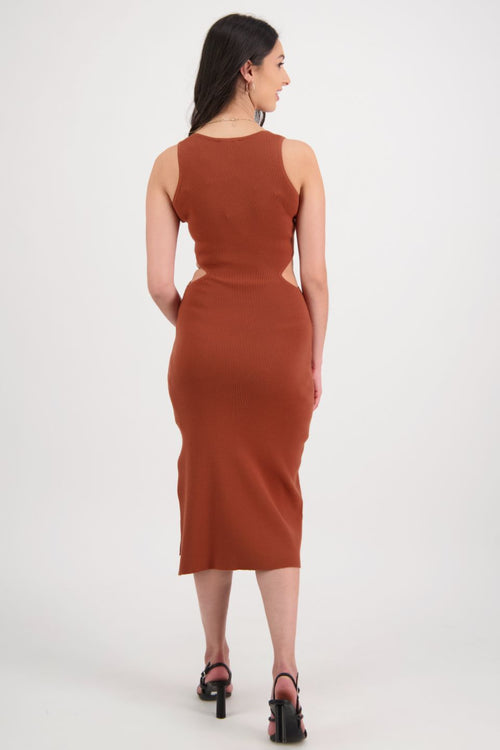 Soiree Terracotta Rib Knit Cut Out V Neck Tank Dress WW Dress Among the Brave   