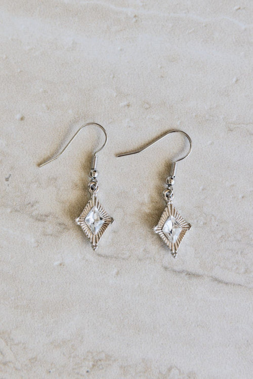 Clear Gem Diamond Shape Rhodium Earrings ACC Jewellery Flo Gives Back 15% to Women In Need   