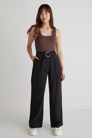 Fearless Black Pleat Front High Waist Belted Wide Leg Pant