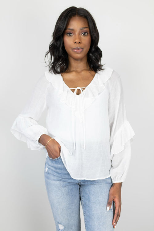 Day Dream Ivory Textured Frill Neck LS Top WW Top Among the Brave   