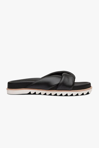 Avalyn Flat Crossover Black Leather Slides With White Base General Solsana   