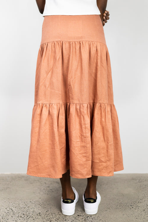 Blazing Toffee Linen Tiered Midi Skirt WW Skirt Among the Brave   