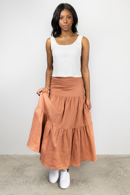 Blazing Toffee Linen Tiered Midi Skirt WW Skirt Among the Brave   