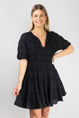 Playful Black Shirred Cotton SS V Neck Tiered Mini Dress WW Dress Ivy + Jack   