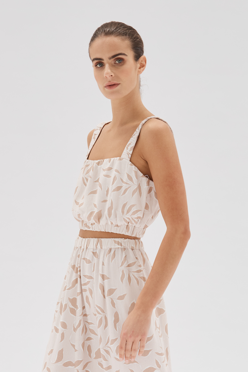 Anais White with Leaf Print Strappy Crop Top WW Top Staple The Label   